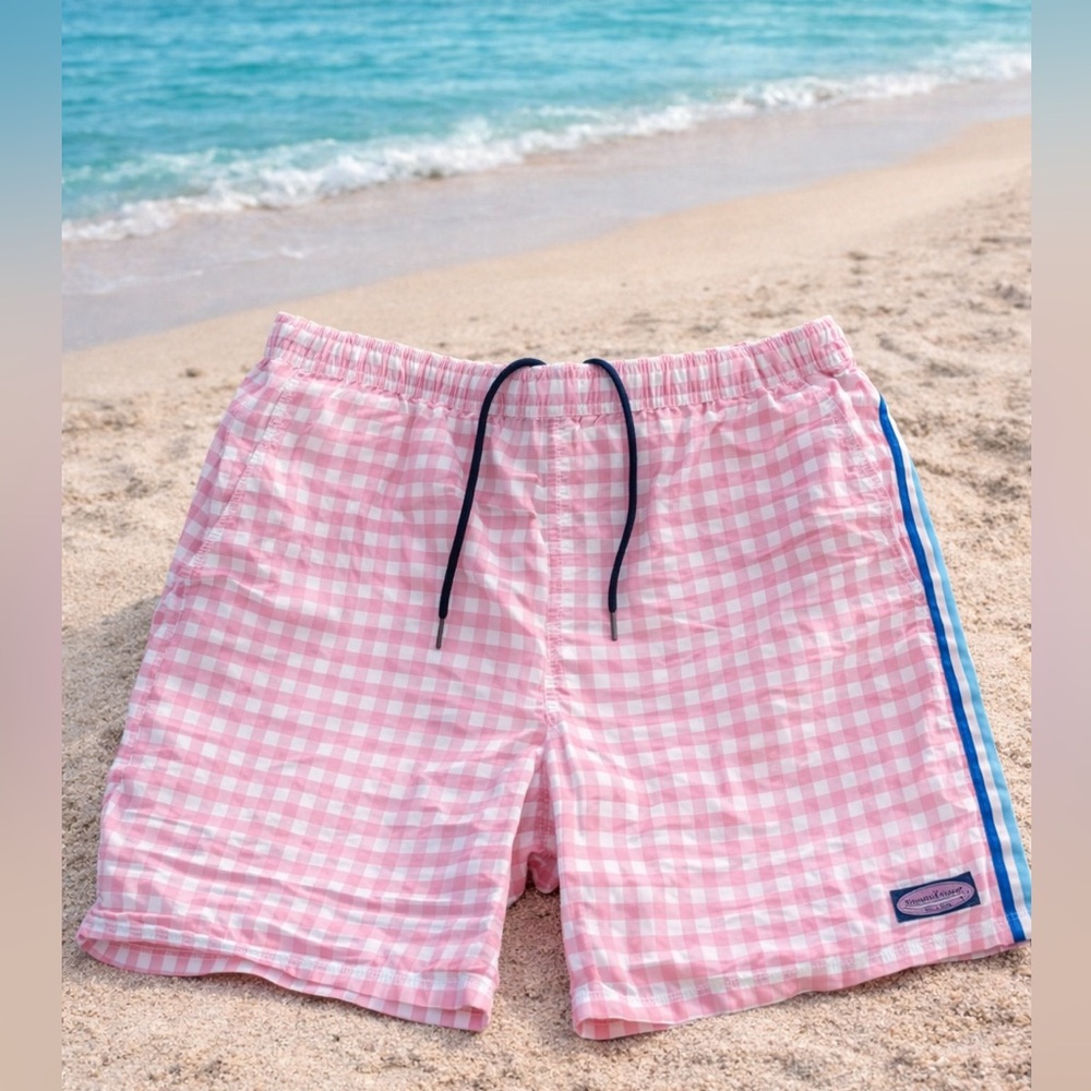 Vineyard Vines Pink Check Swim Trunks Men’s Beach Shorts